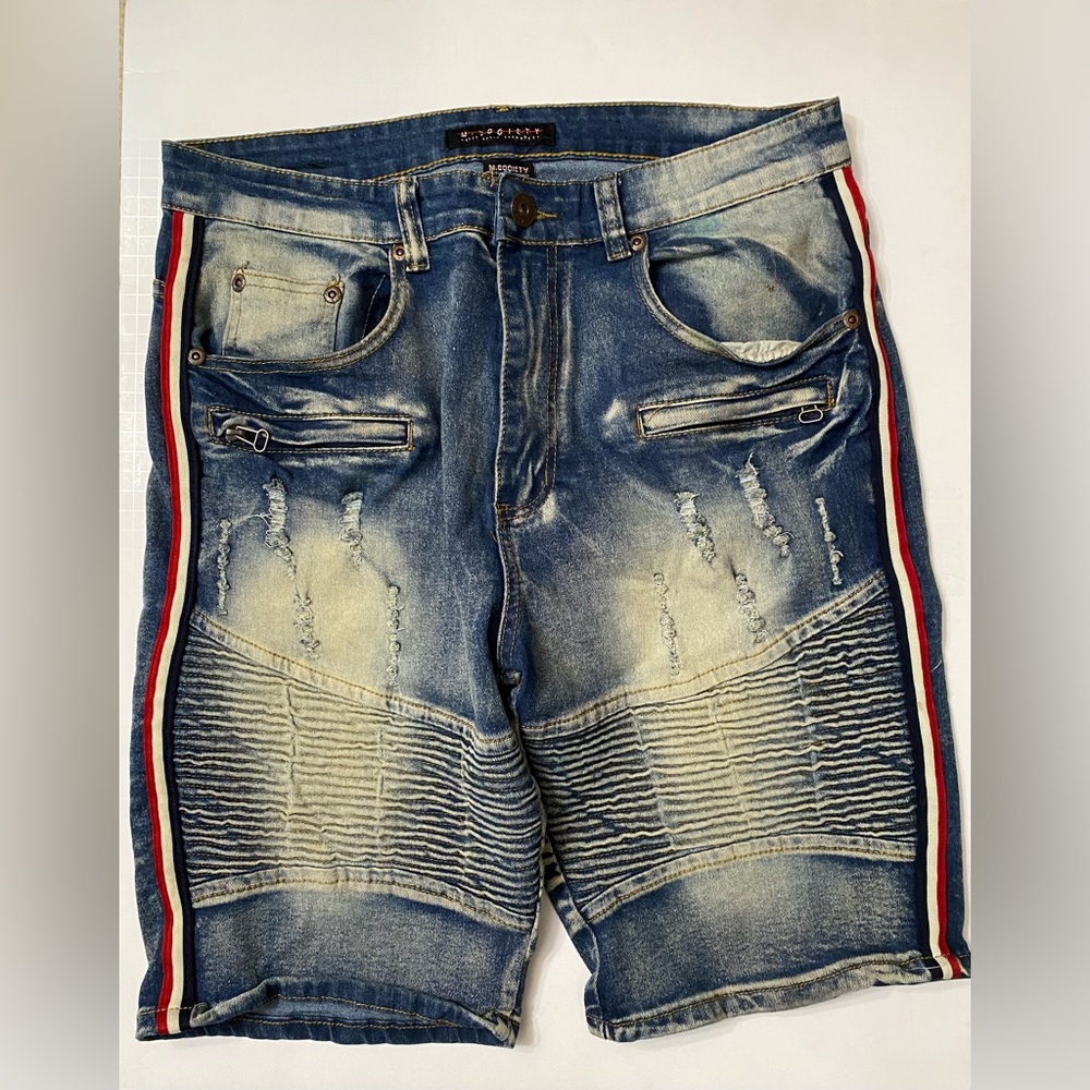 M Society Distressed Blue Tuxedo Side Stripe urban street Jeans Shorts 34